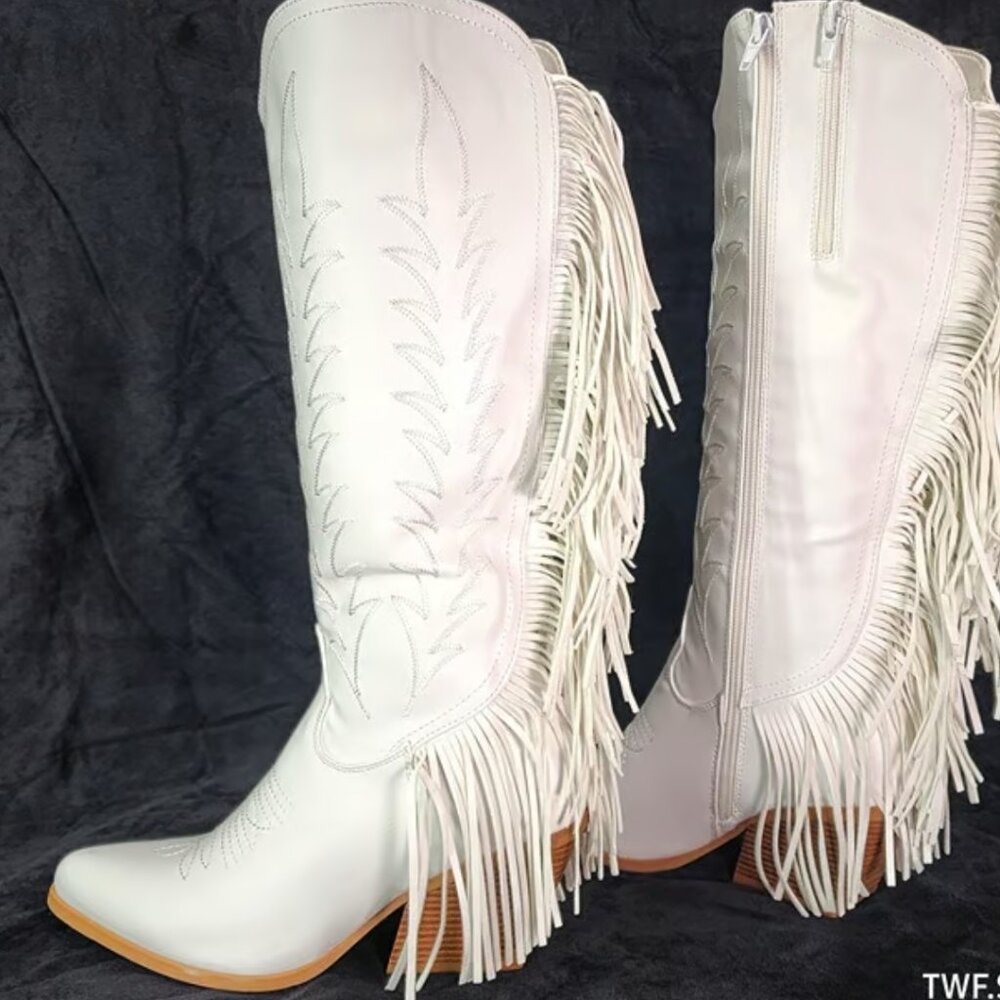 Dusty Roads Bright White Back Fringe Cowboy Western Cowgirl Boots Tuck Zipper - Picture 13 of 13